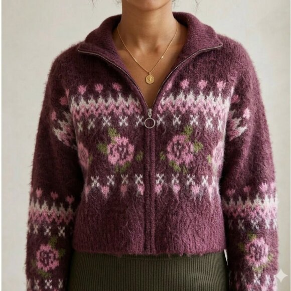 wild fable Sweaters - Wild Fable NWT Cropped Fair Isle Zip Sweater XS Burgundy Pink Cozy